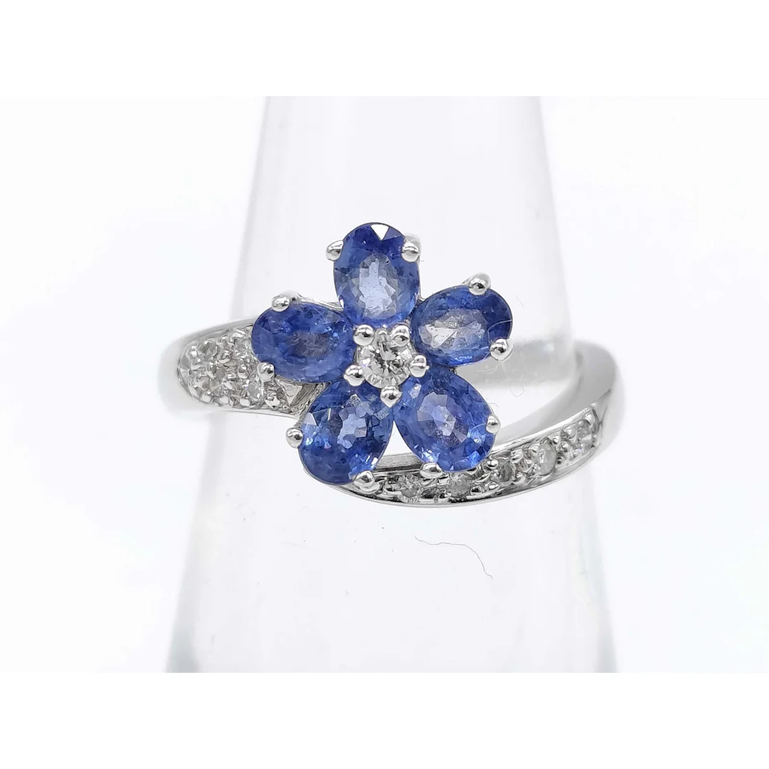 Sapphire Diamond Flower 18K White Gold Ring