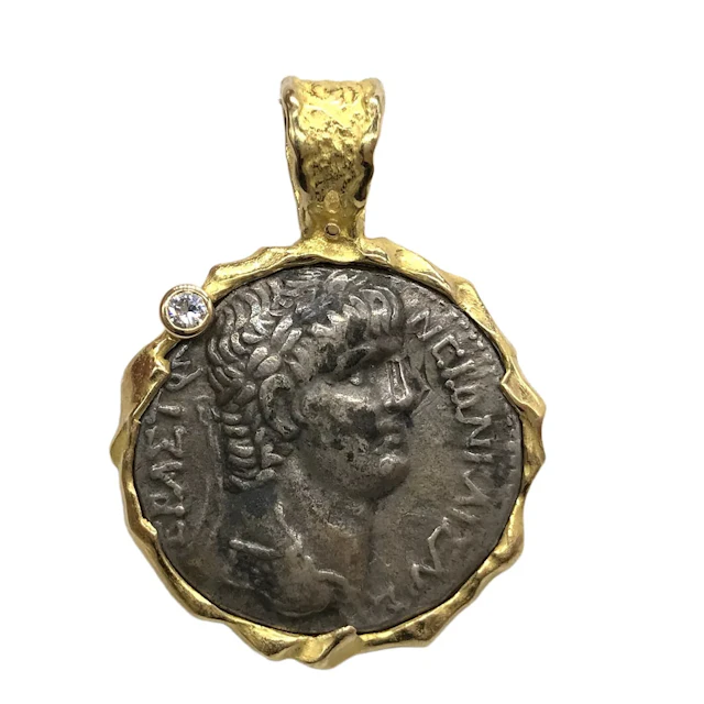 Italian 18K Gold and Sterling Silver Ancient-Style Coin Diamond Pendant