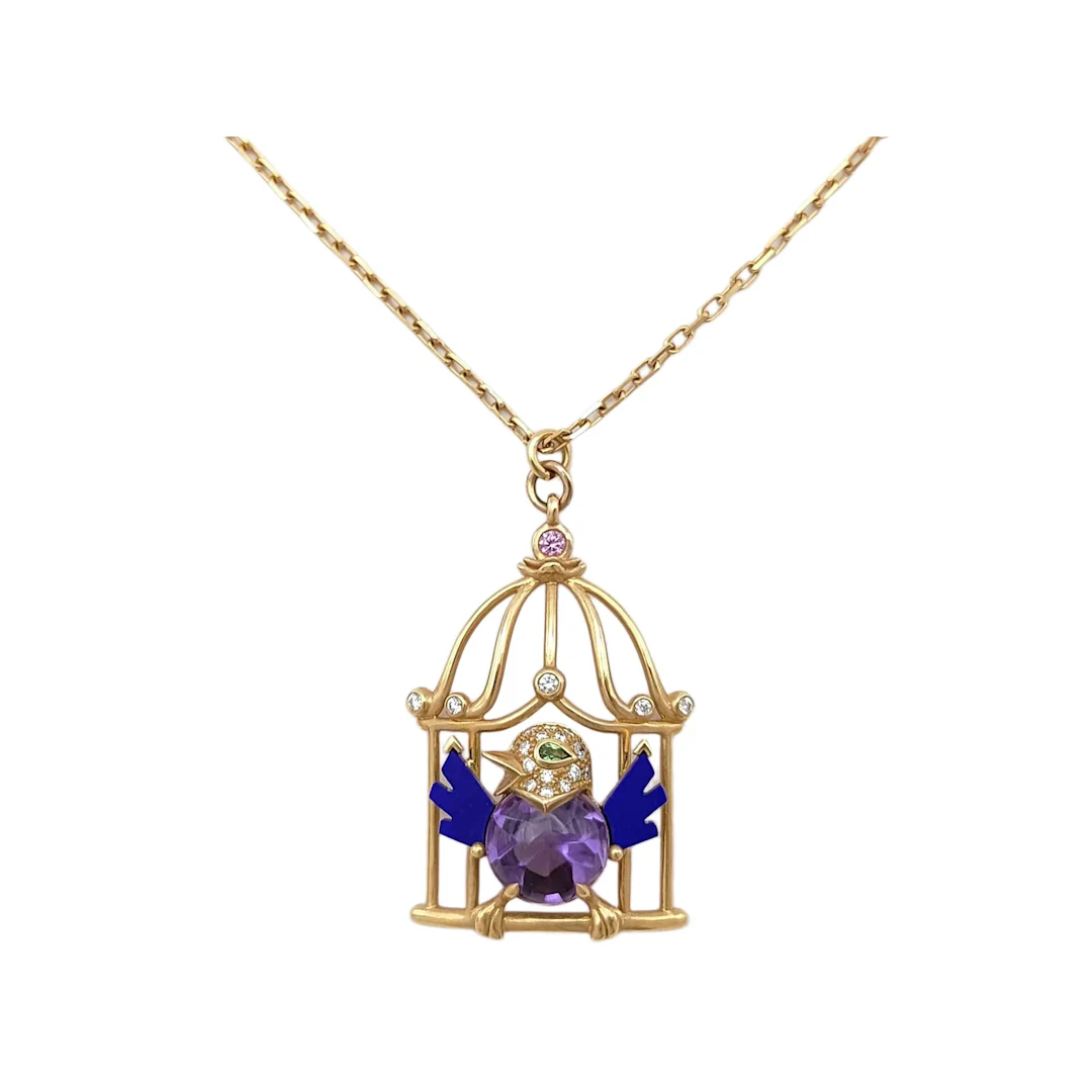 Cartier Vintage 18K Gold Parrot Cage Pendant Necklace with Amethyst