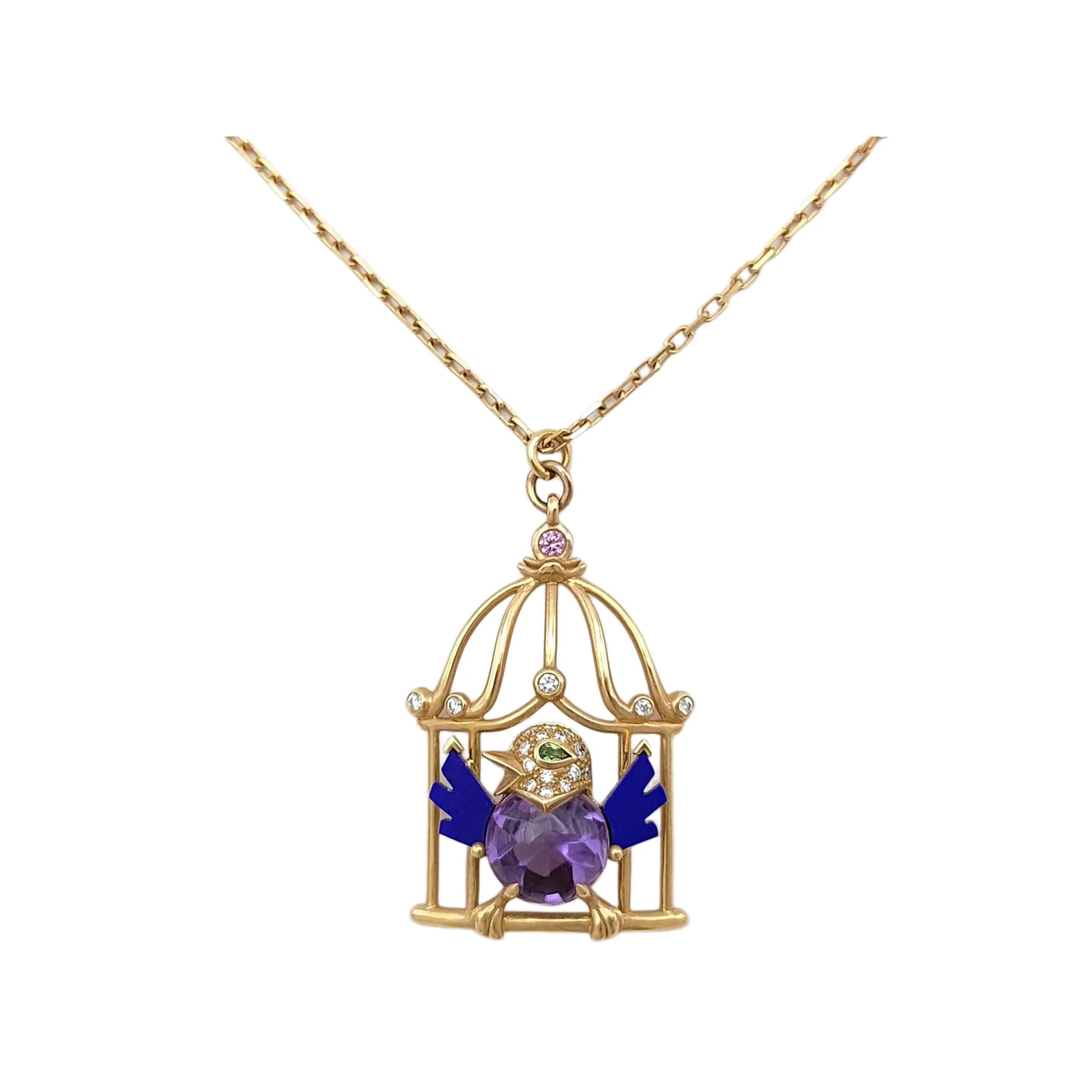Cartier Vintage 18K Gold Parrot Cage Pendant Necklace with Amethyst