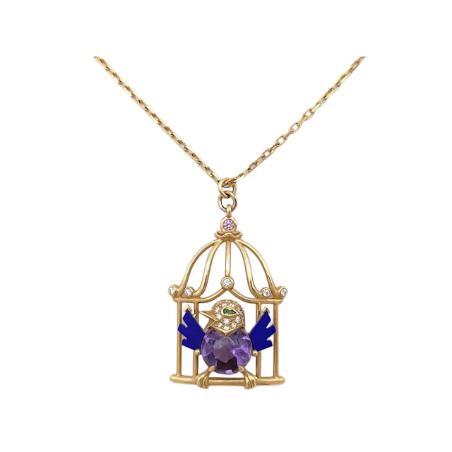 Cartier Vintage 18K Gold Parrot Cage Pendant Necklace with Amethyst