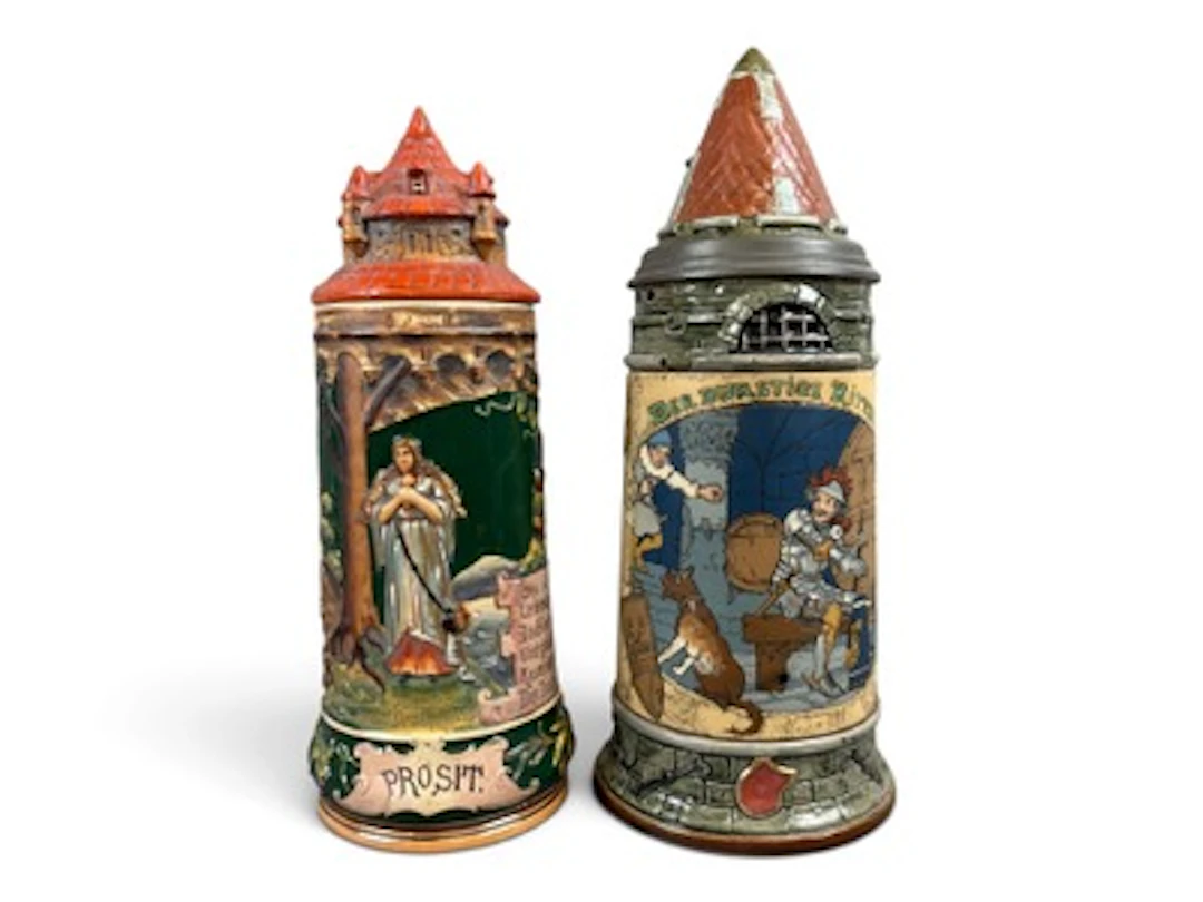 (2) German Beer Steins with Castle Lids