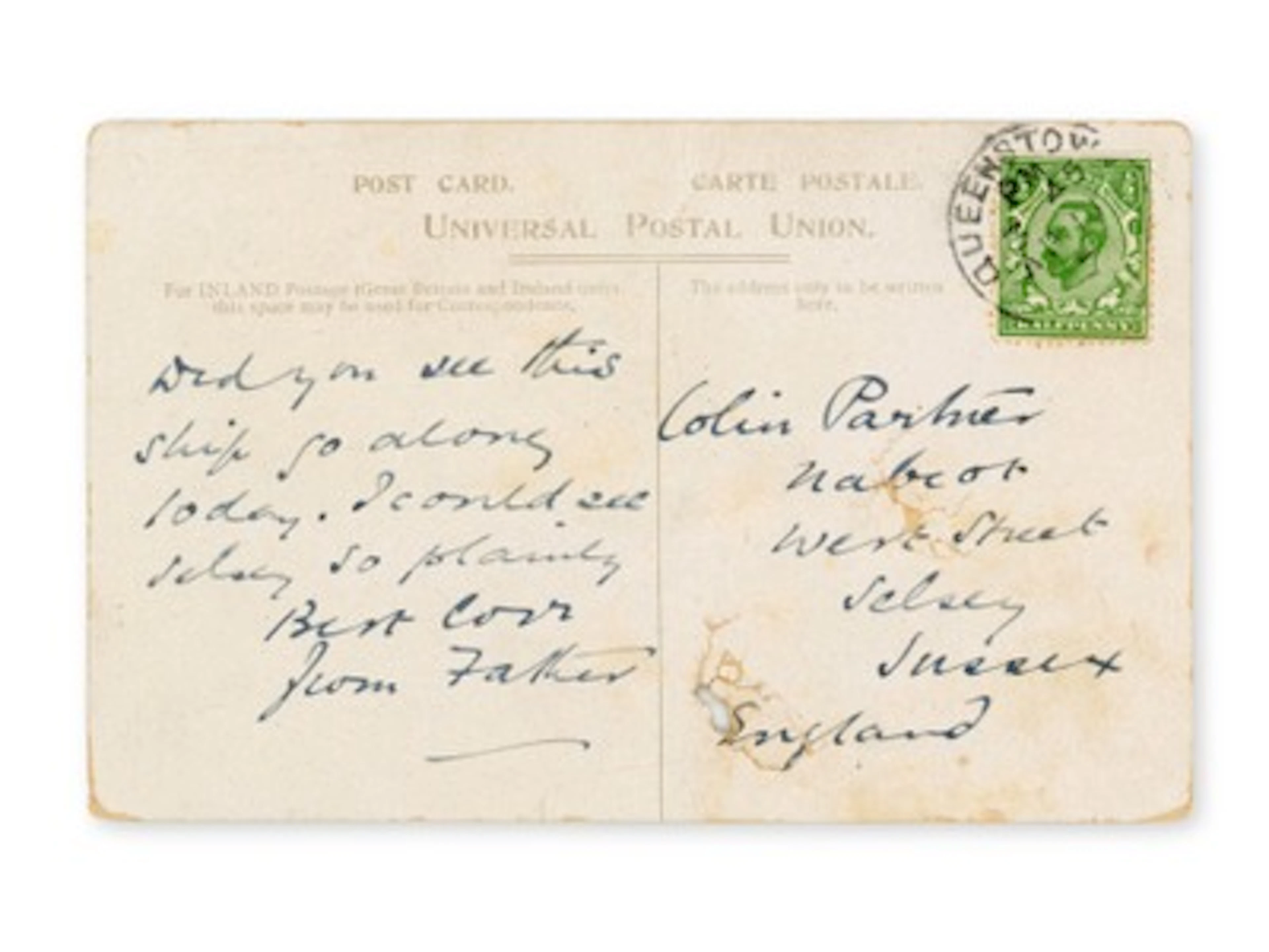 Rae Postcard from Titanic Victim Austin Partner