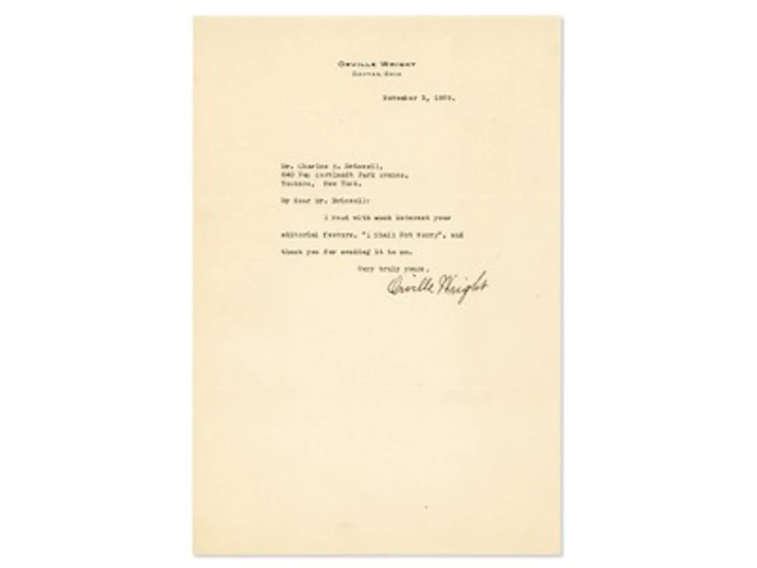 Orville Wright Signed 1929 Letter