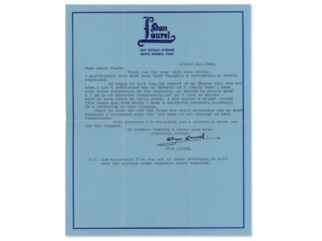 Stan Laurel Signed 1960 TLS - JSA