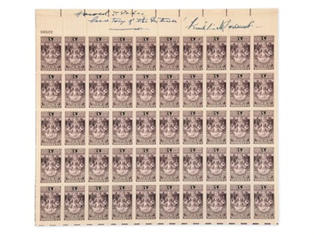 Franklin Roosevelt & Ickes Signed Stamp Sheet - Gr