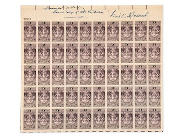 Franklin Roosevelt & Ickes Signed Stamp Sheet - Gr