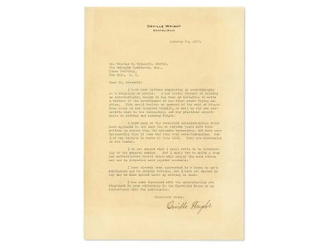Orville Wright Aviation Autobiography TLS