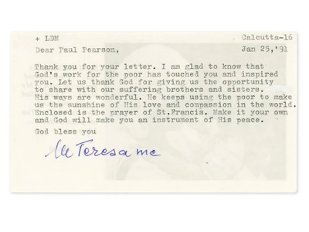 Mother Teresa 1991 Signed Prayer Card