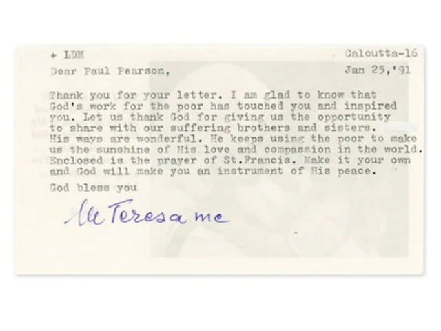 Mother Teresa 1991 Signed Prayer Card