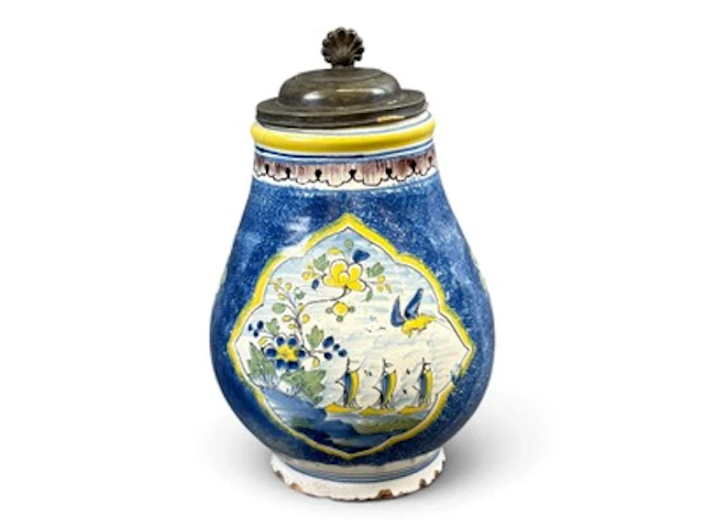 Ovoid Faience Beer Stein with Sailing Scene