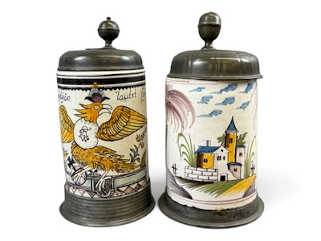 (2) Early Faience Beer Steins
