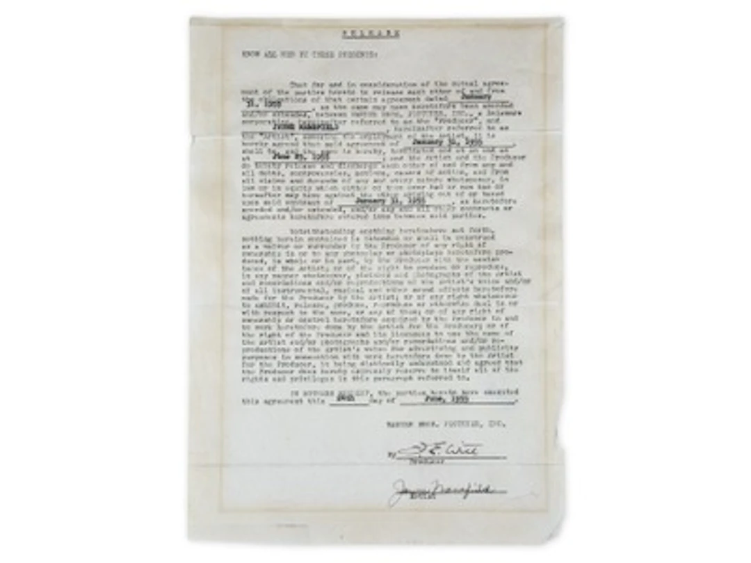 Jayne Mansfield Signed Warner Bros. Contract - JSA