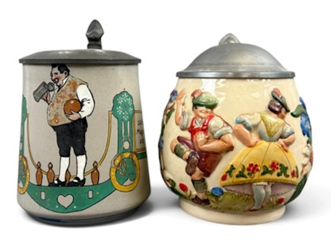(2) German Bowling & Dancing Beer Steins