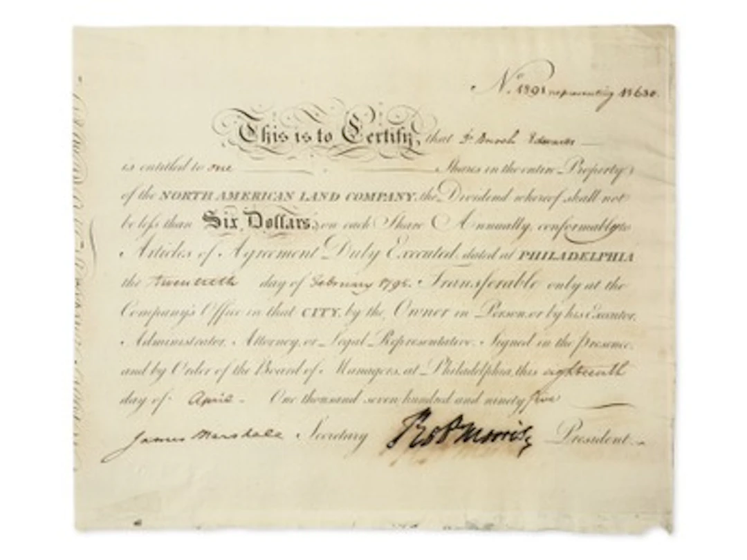 Robert Morris Signed 1795 Stock Certificate