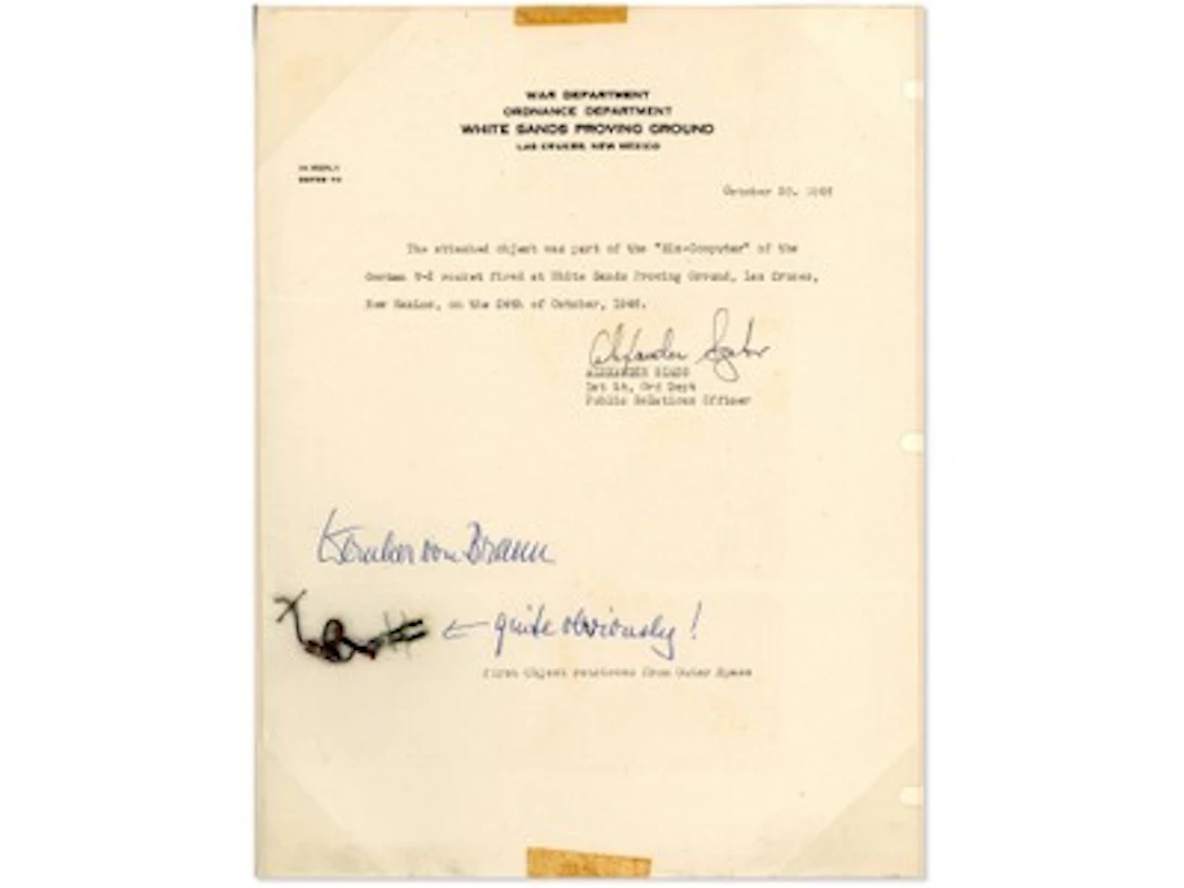 Wernher von Braun Signed V-2 Relic Letter - Grad
