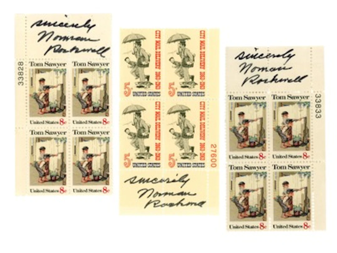 (3) Norman Rockwell Signed Stamp Blocks