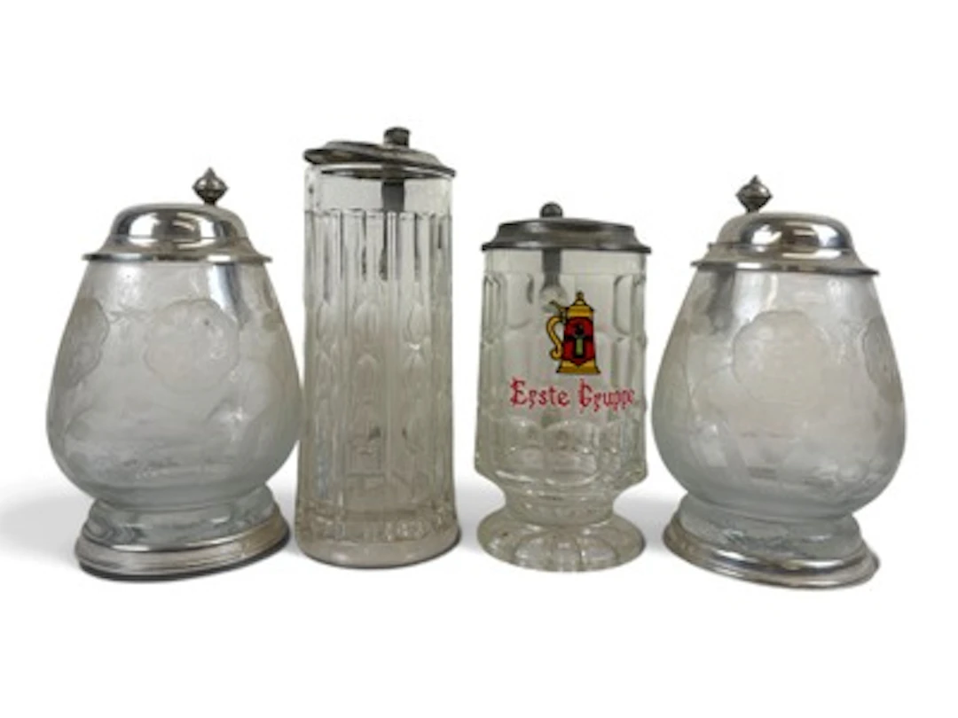 (4) Clear Glass Beer Steins with Metal Lids