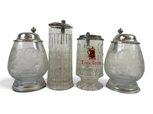 (4) Clear Glass Beer Steins with Metal Lids