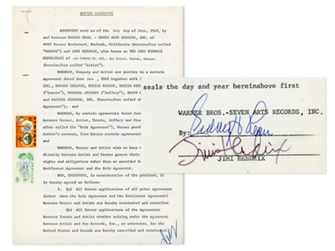 Jimi Hendrix Signed 1968 Warner Bros. Contract - Grad