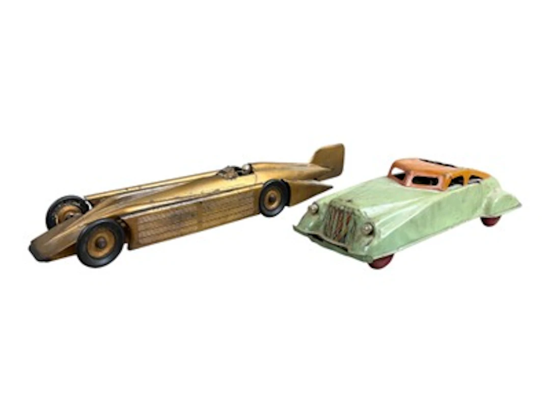 2 Pc Tin Litho Cars, Kingsbury Golden Arrow, Etc