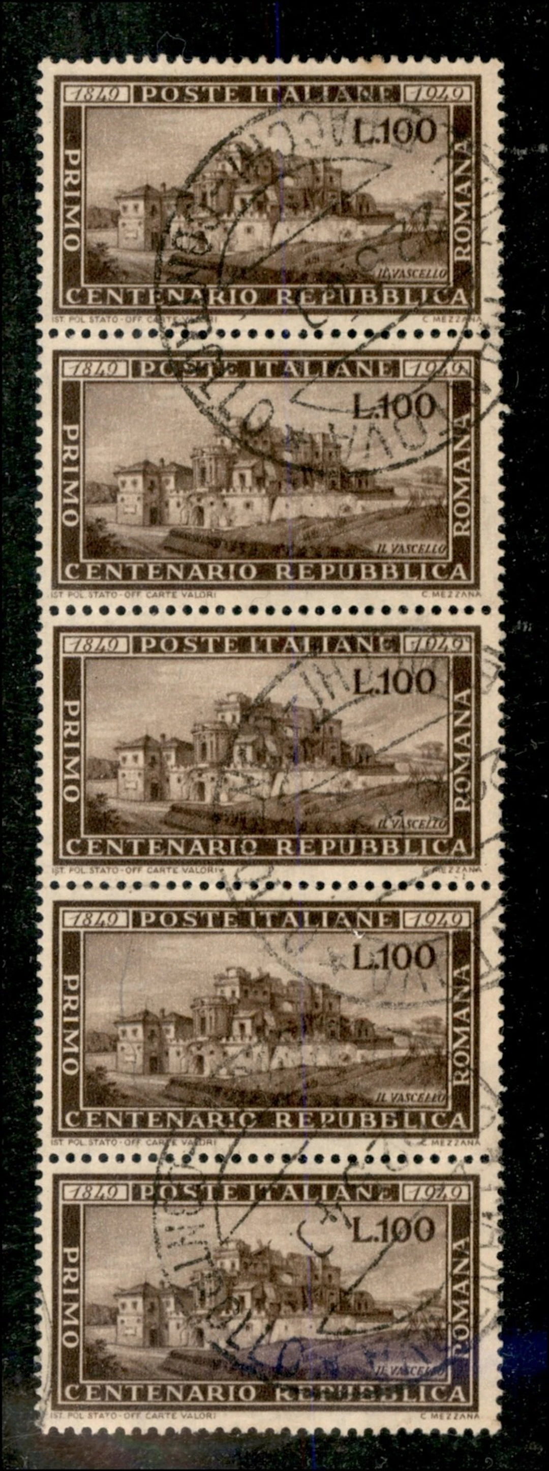 Repubblica - Periodo Ruota - 1949 Striscia di cinque del 100 lire