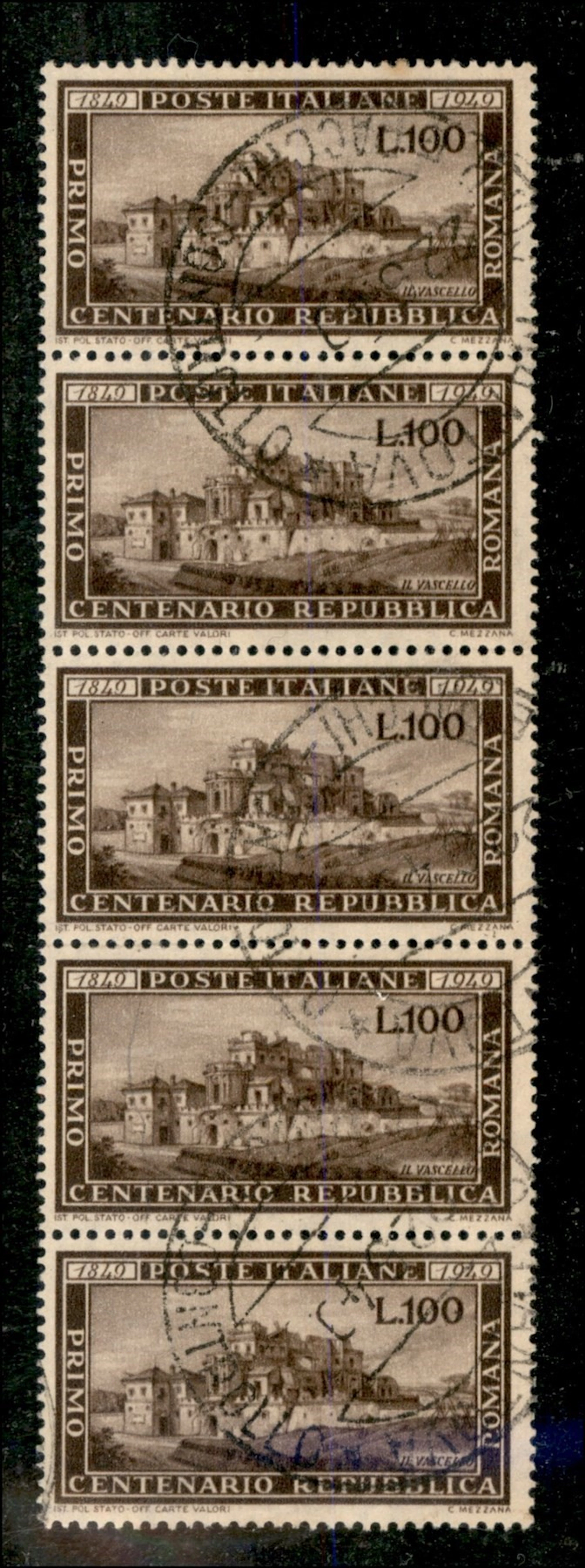 Repubblica - Periodo Ruota - 1949 Striscia di cinque del 100 lire