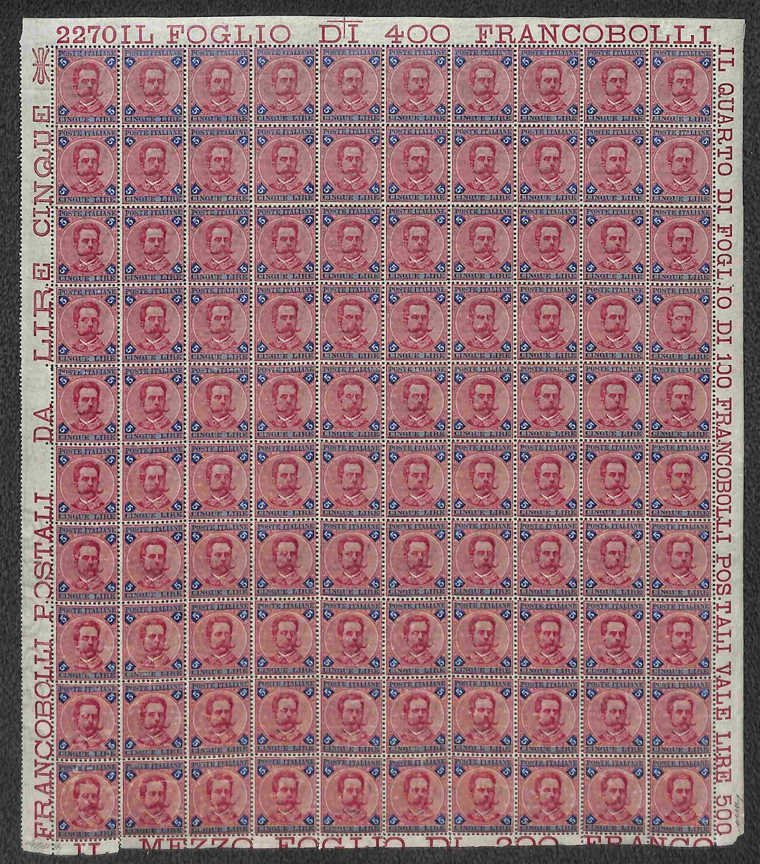 Regno - Umberto I - 1891 Splendido foglio di 100 esemplari del 5 lire
