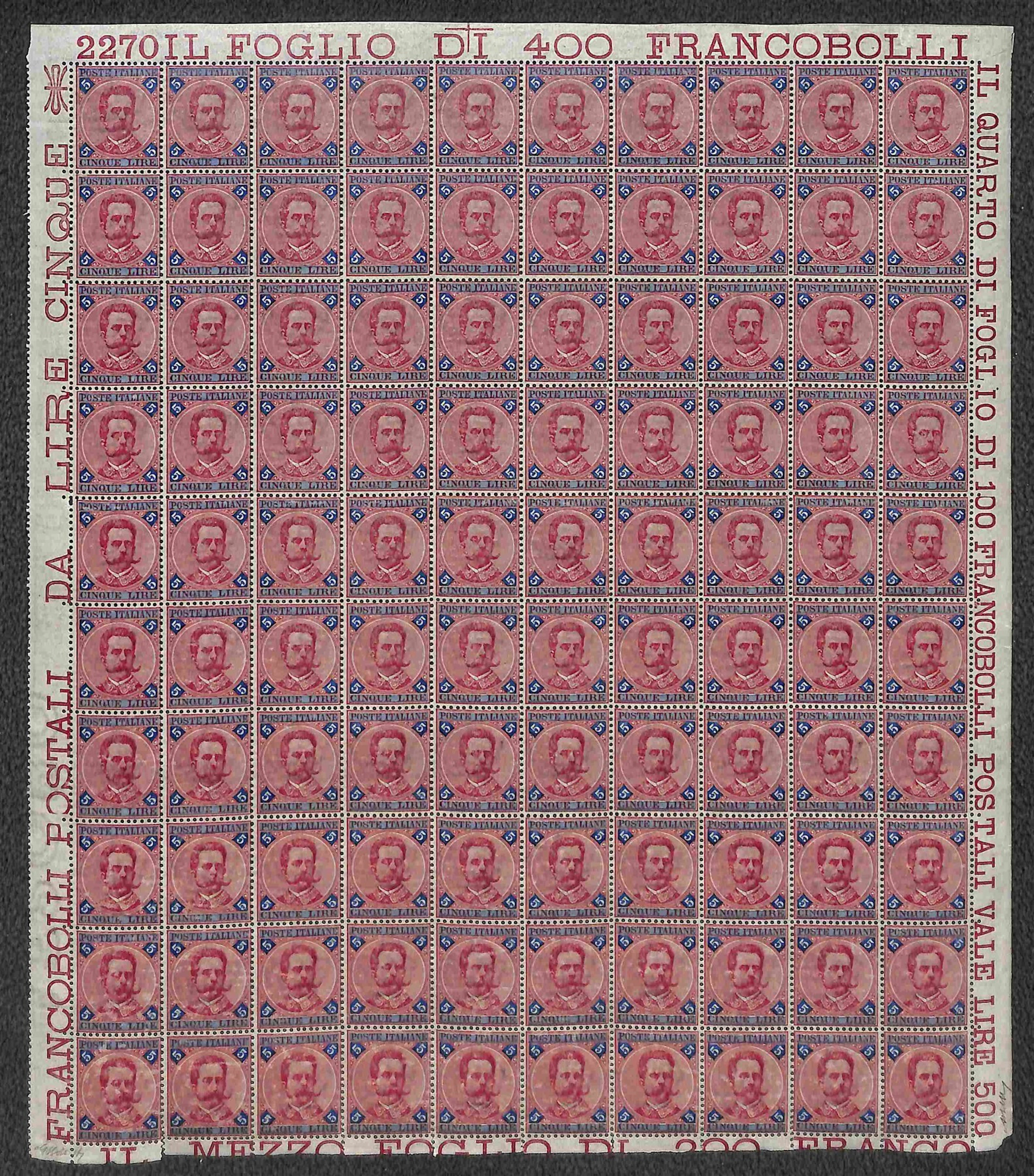 Regno - Umberto I - 1891 Splendido foglio di 100 esemplari del 5 lire