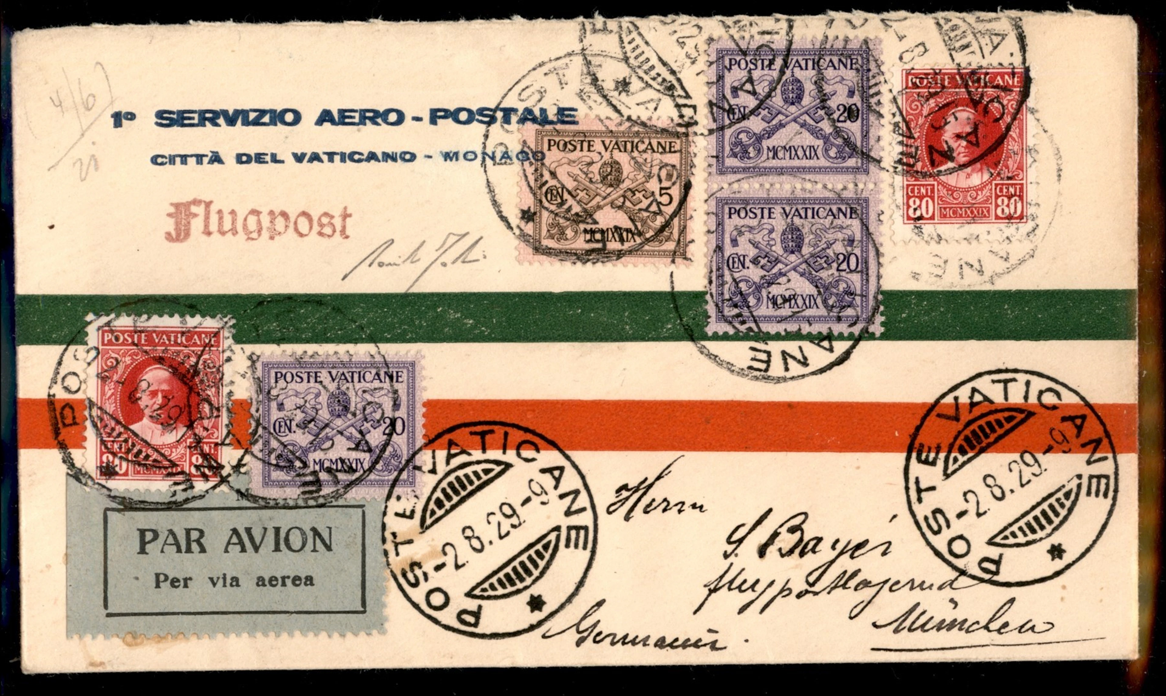 Vaticano - Posta Aerea - Primo Volo Vaticano Monaco 2.8.29 (Longhi