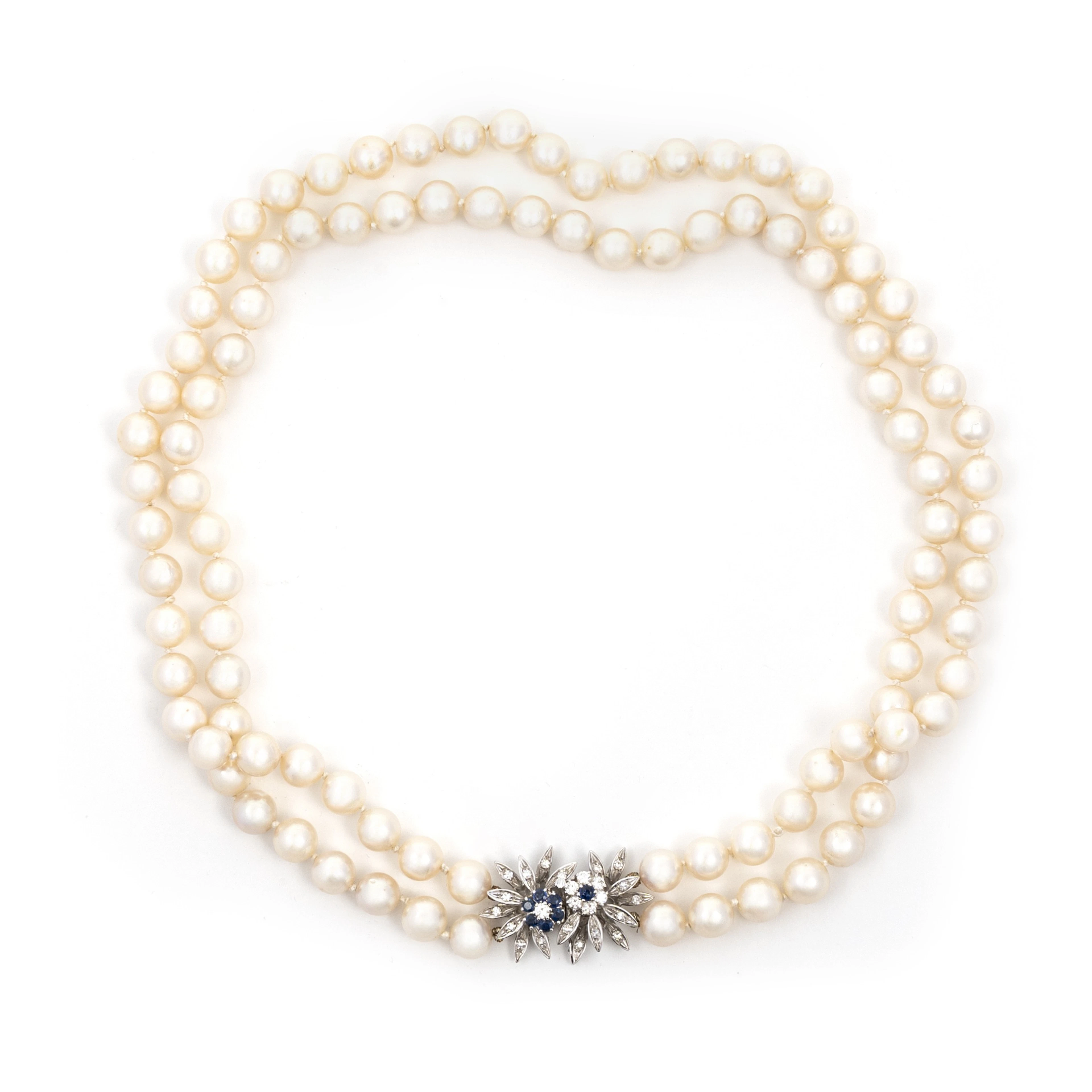 Collana di Perle con Zaffiri e Diamanti. Oro bianco 18kt, due fili