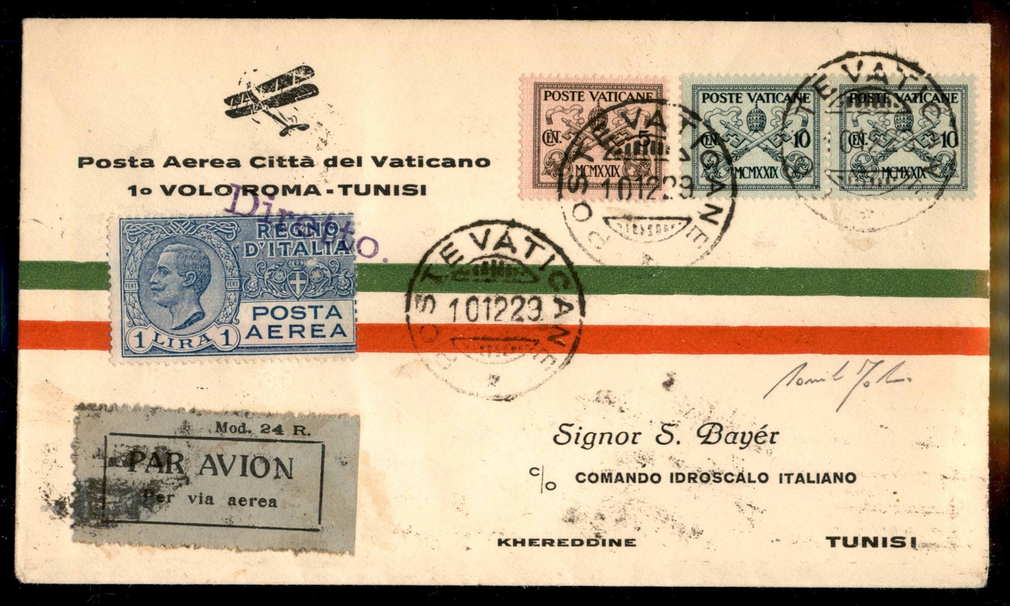 Vaticano - Posta Aerea - Primo Volo Vaticano Tunisi 10.12.29 (Longhi