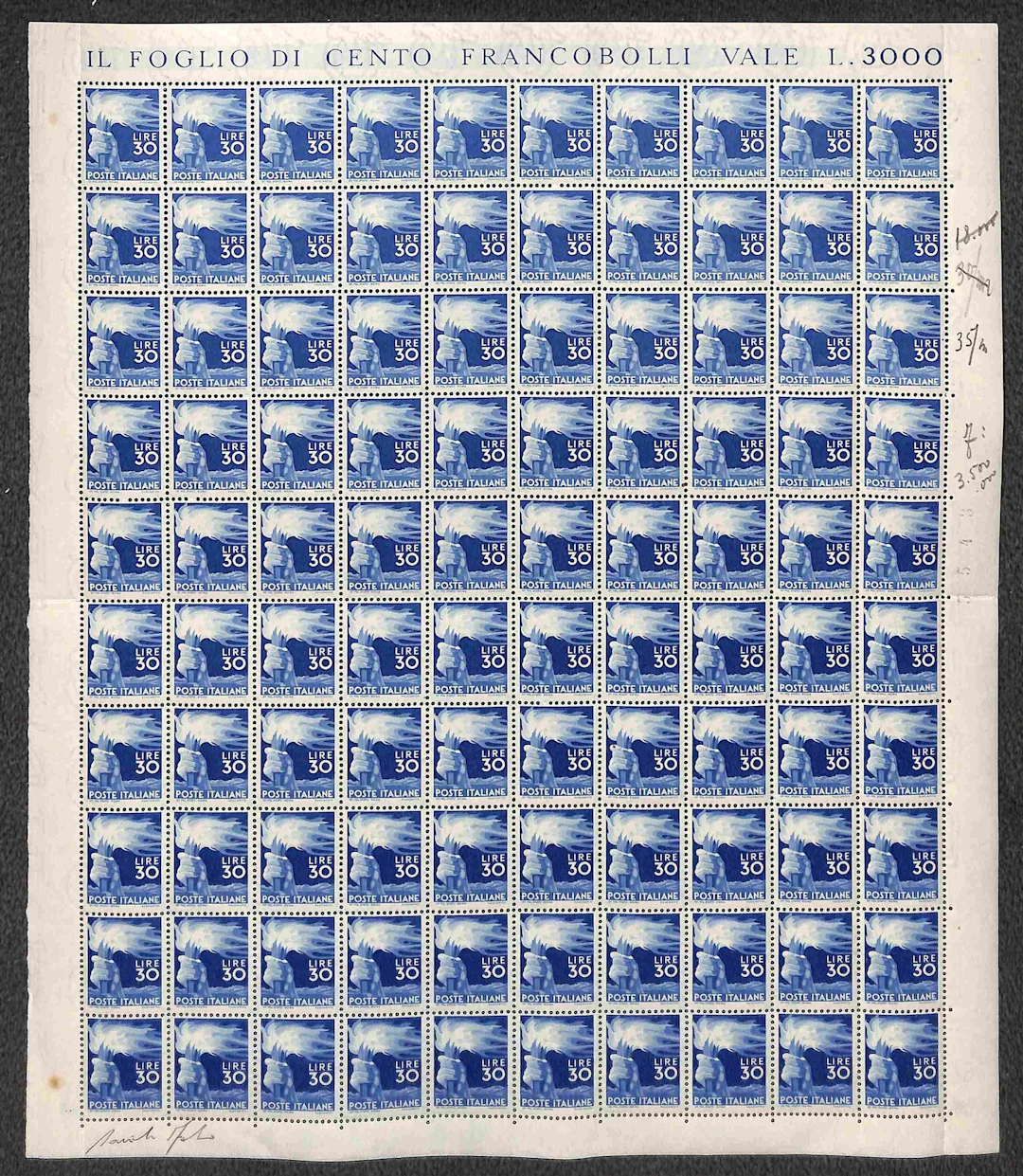 Repubblica - Periodo Ruota - 1947 Splendido foglio di 100 esemplari
