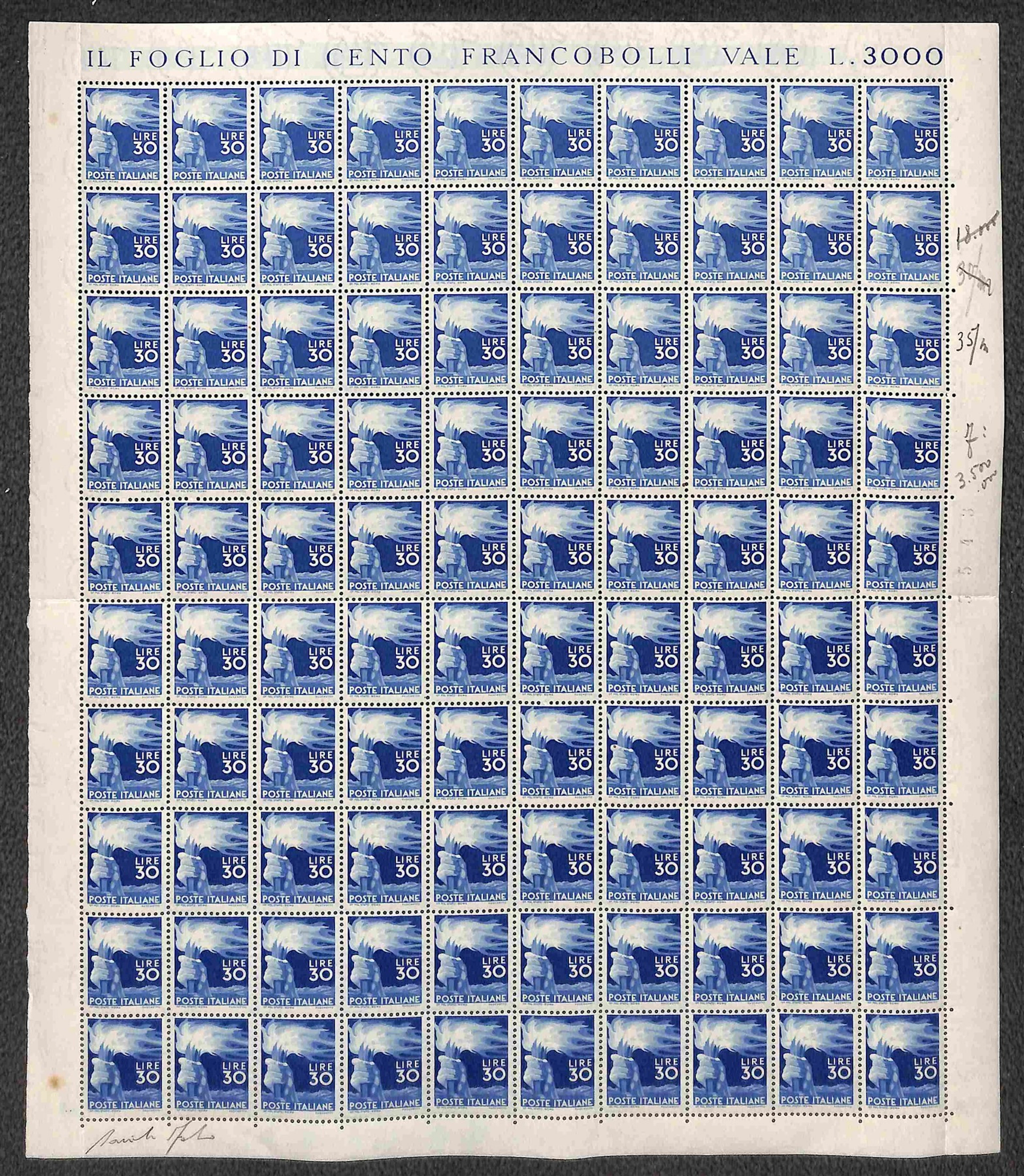 Repubblica - Periodo Ruota - 1947 Splendido foglio di 100 esemplari