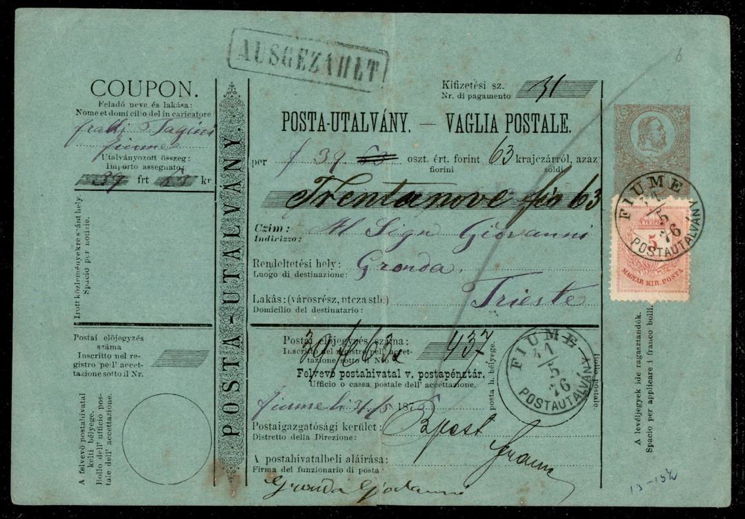 Occupazioni I guerra mondiale - Fiume - Periodo Austro Ungarico Vaglia