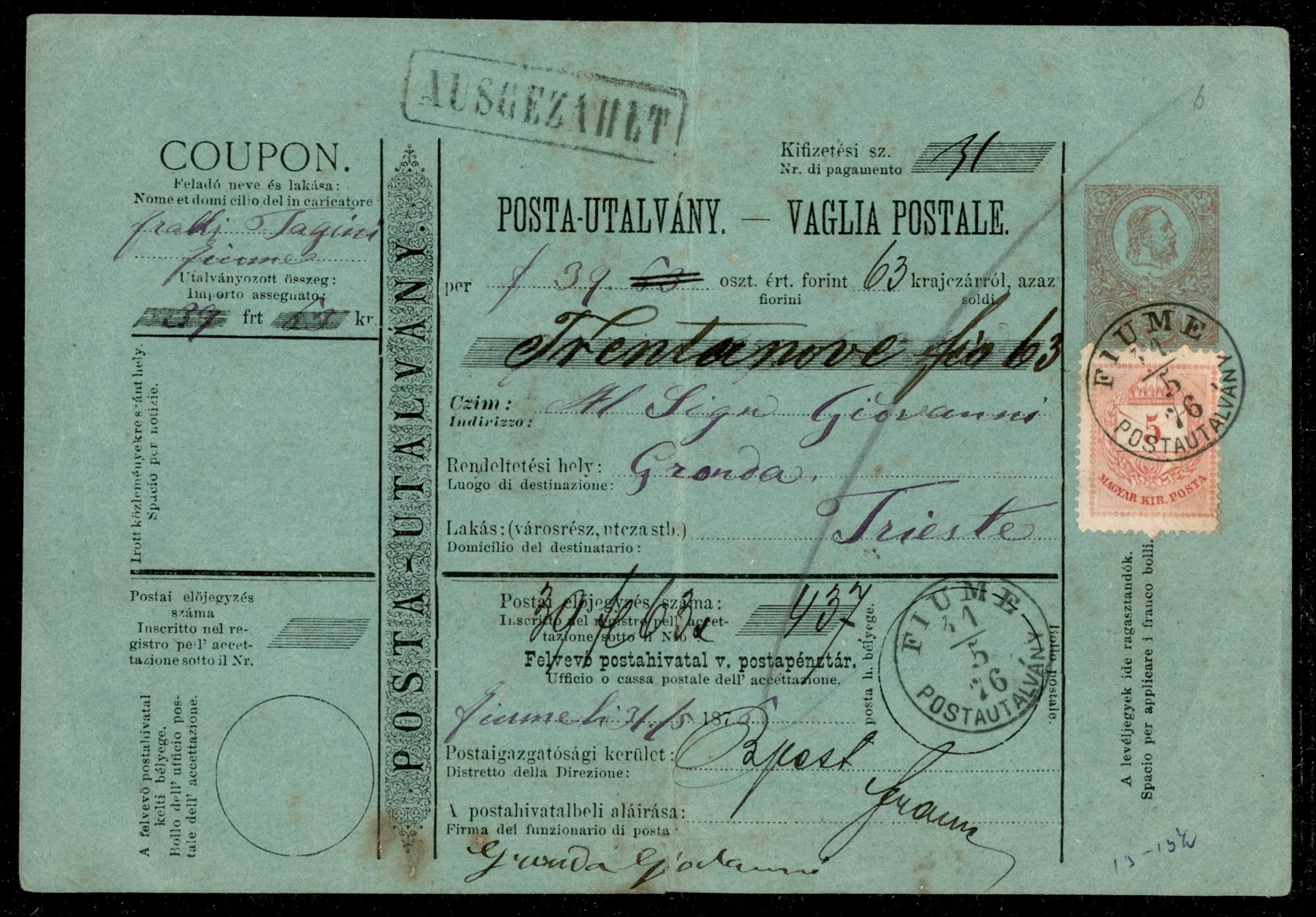 Occupazioni I guerra mondiale - Fiume - Periodo Austro Ungarico Vaglia