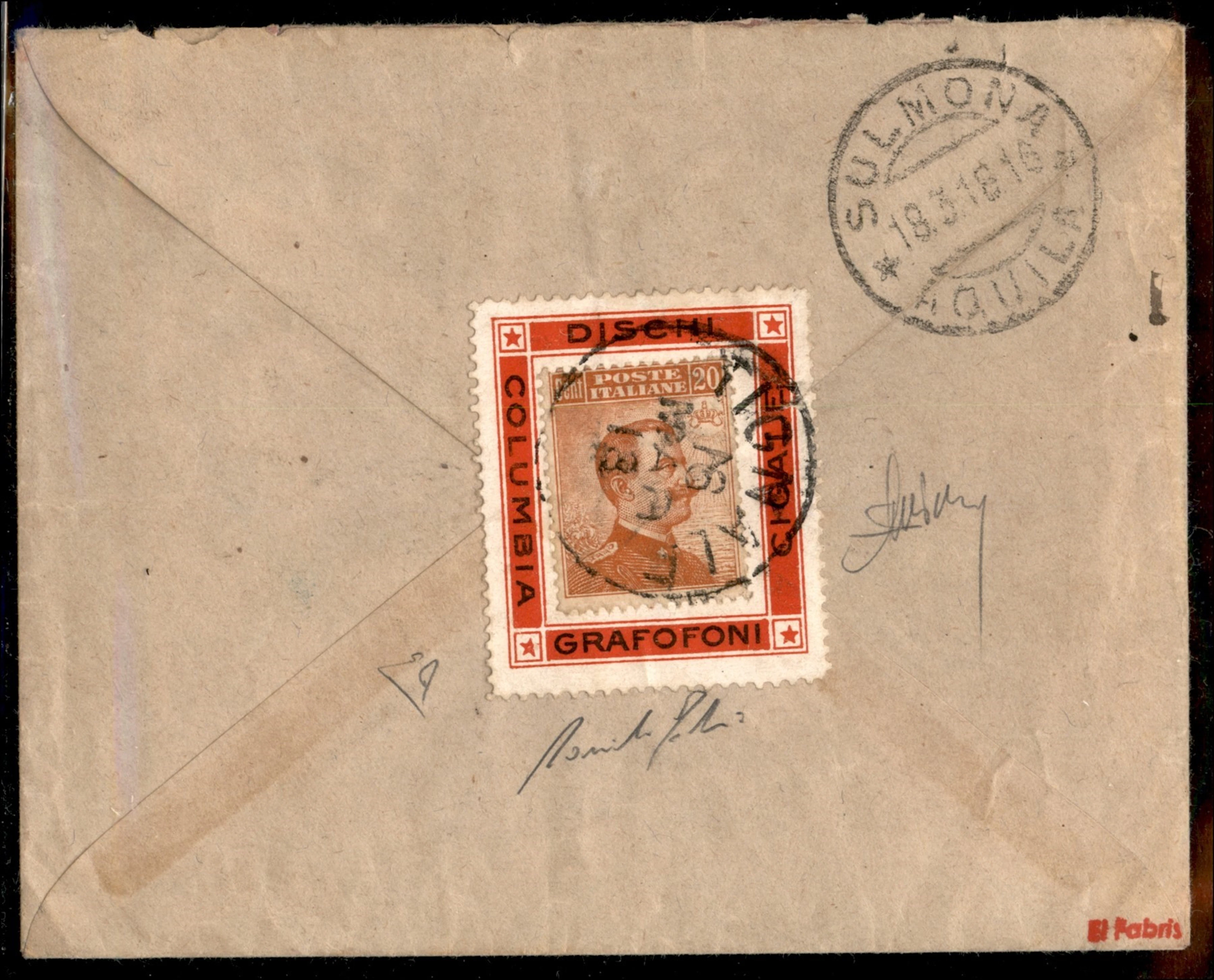 Regno - Vittorio Emanuele III Busta con al retro 20 cent (109) montato