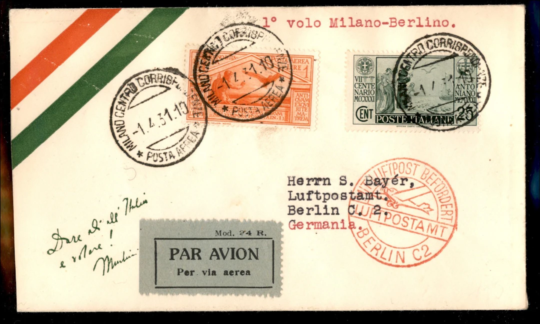 Regno - Posta Aerea - Volo Milano Berlino 1.4.31 (Longhi 2342) Busta