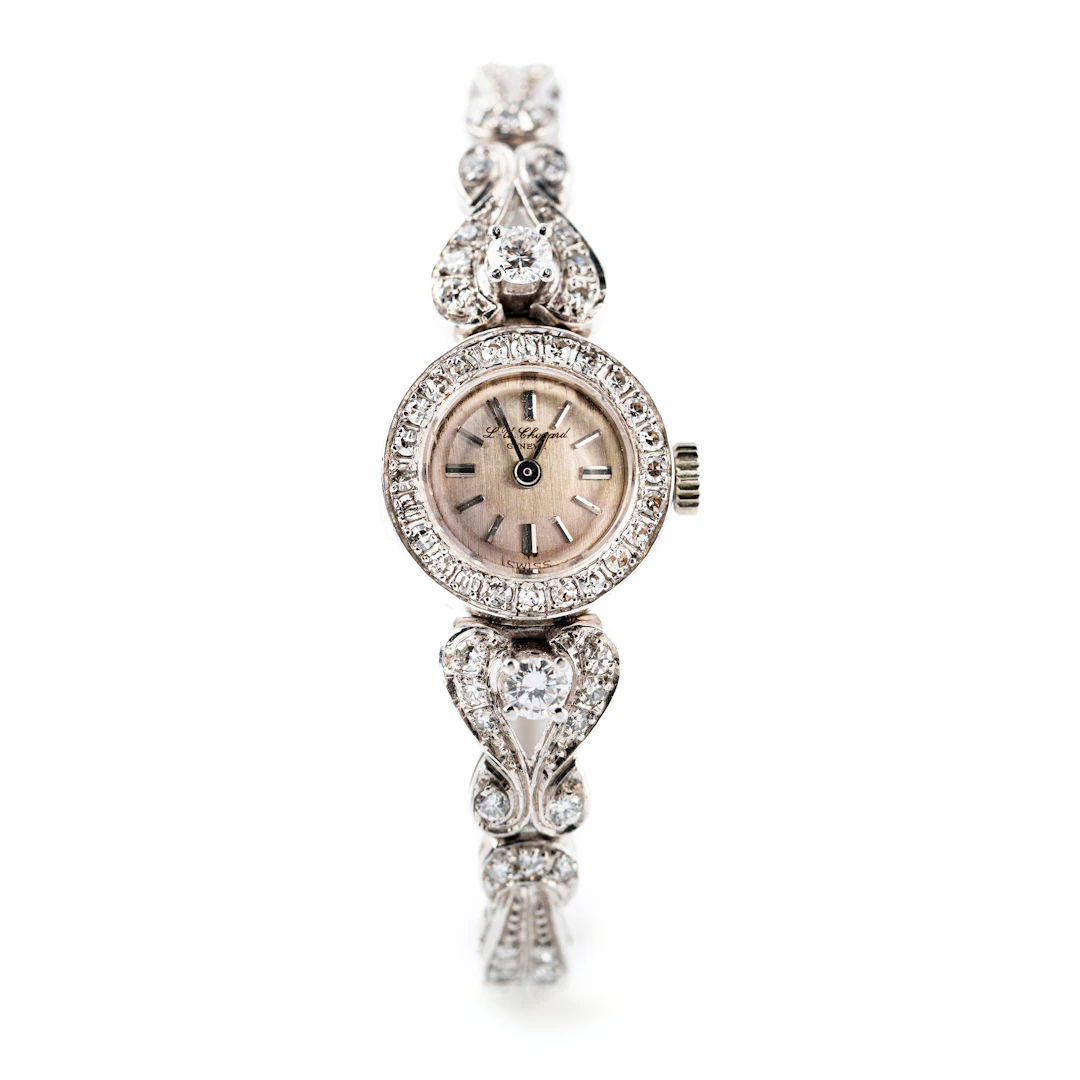 CHOPARD, orologio vintage. Oro bianco 18kt. Carica manuale. Diamanti