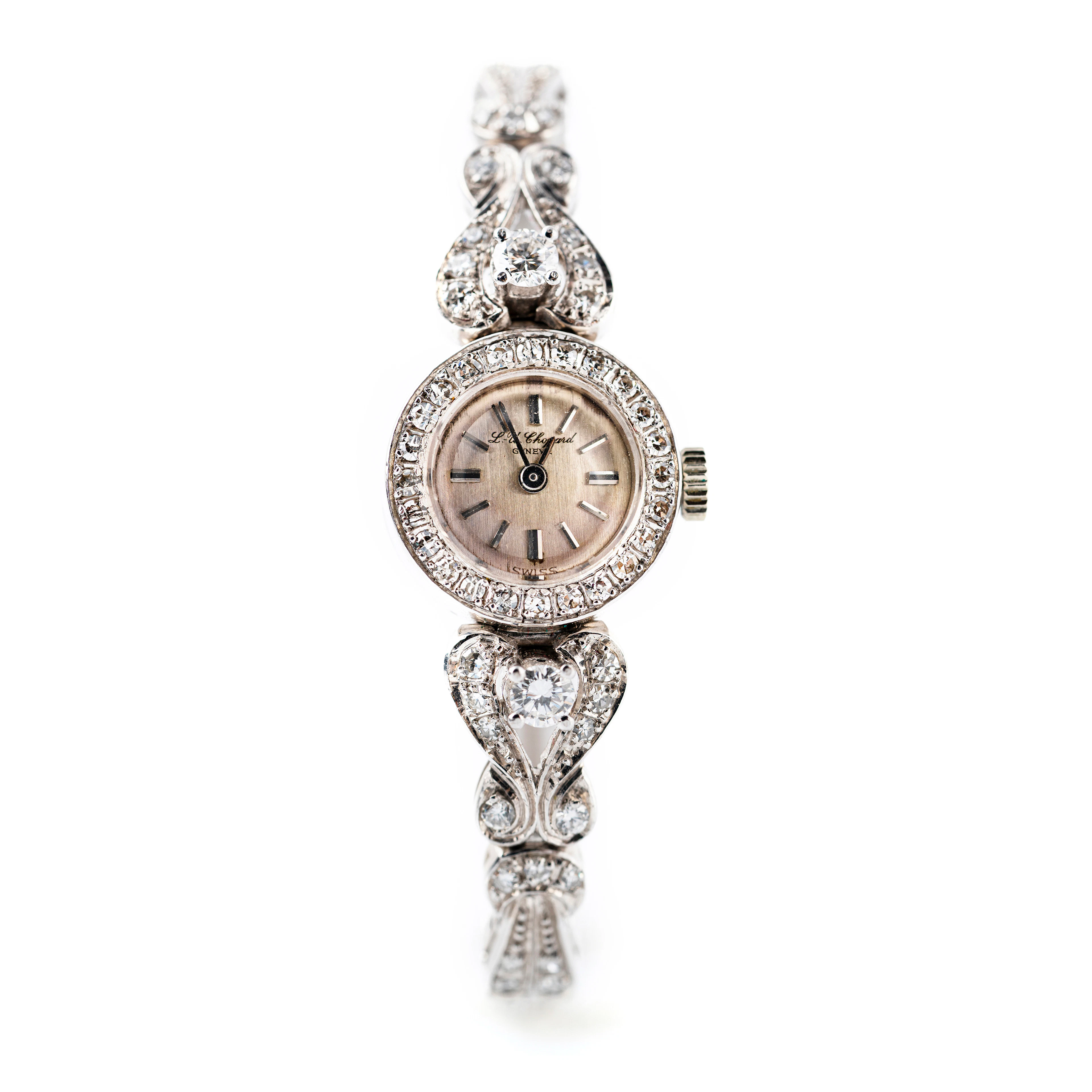 CHOPARD, orologio vintage. Oro bianco 18kt. Carica manuale. Diamanti