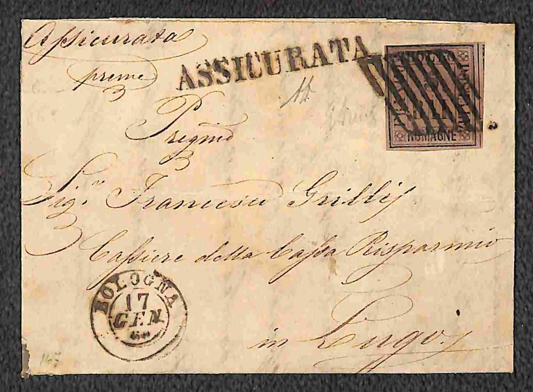 Antichi Stati Italiani - Romagne Assicurata affrancata con 5 bai violetto
