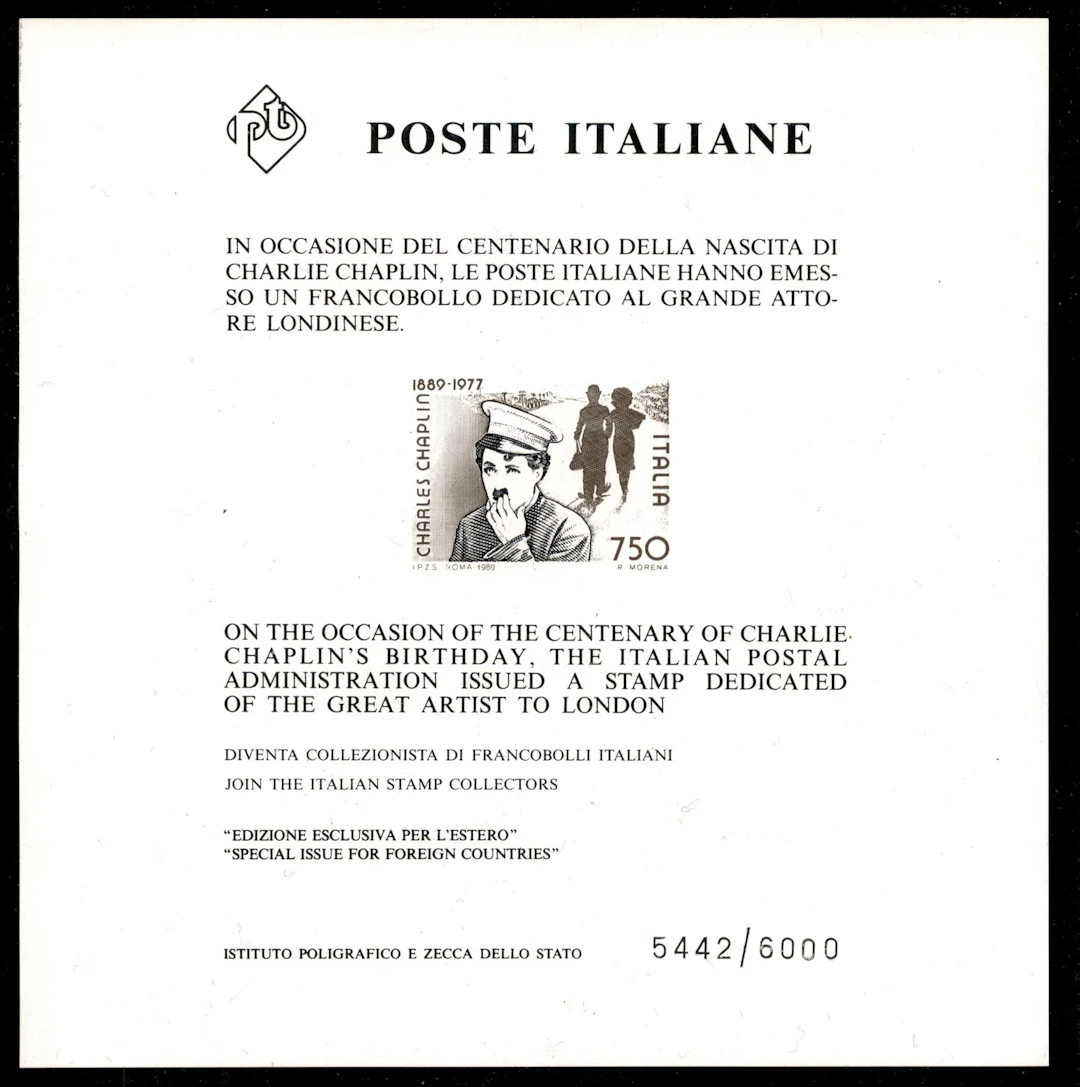 Repubblica - Foglietti - 1989 Foglietto - Charlie Chaplin num. 5442/6000