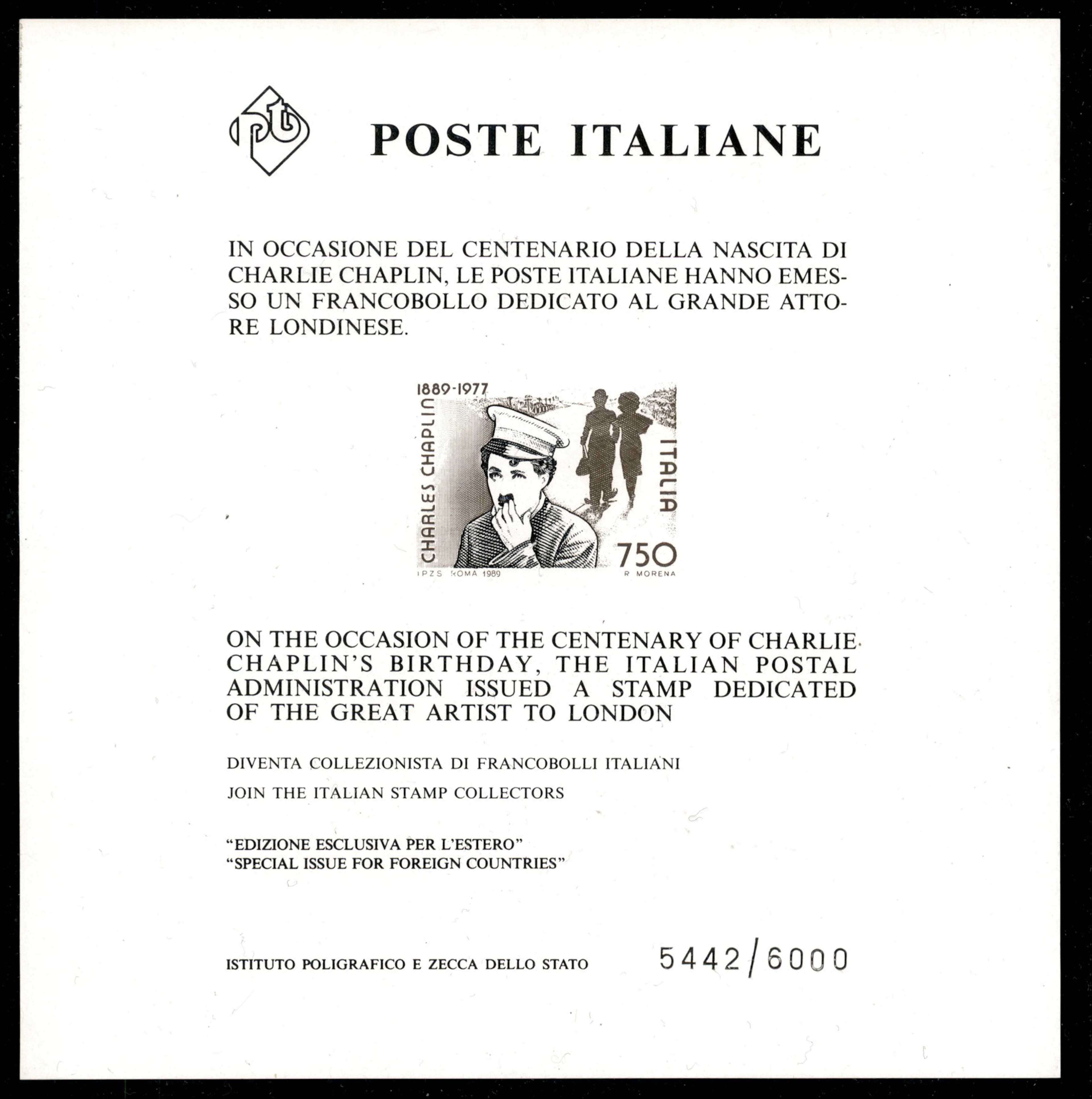 Repubblica - Foglietti - 1989 Foglietto - Charlie Chaplin num. 5442/6000
