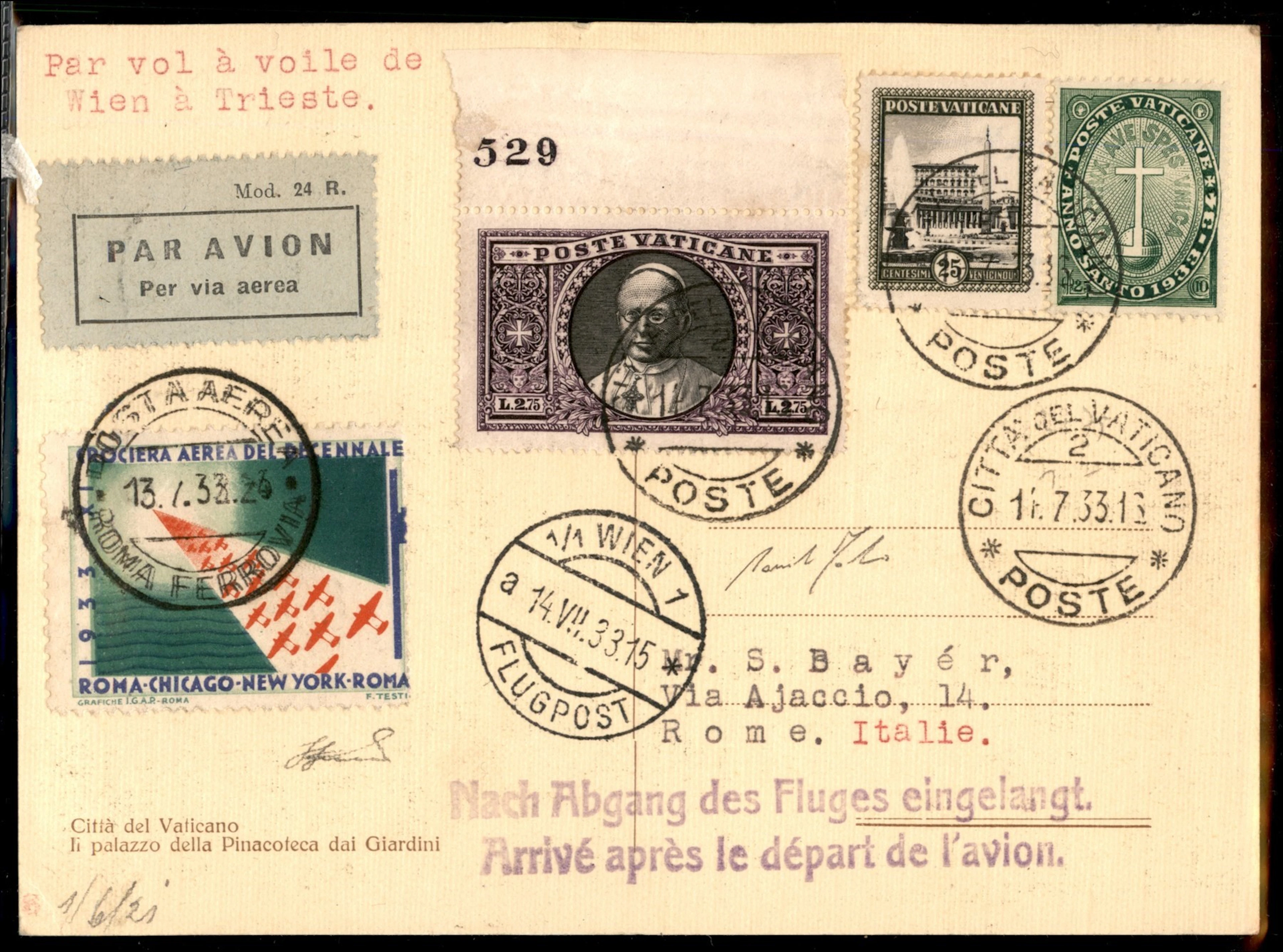 Vaticano - Posta Aerea - Volo a Vela Vienna Trieste 14/18 luglio 1933