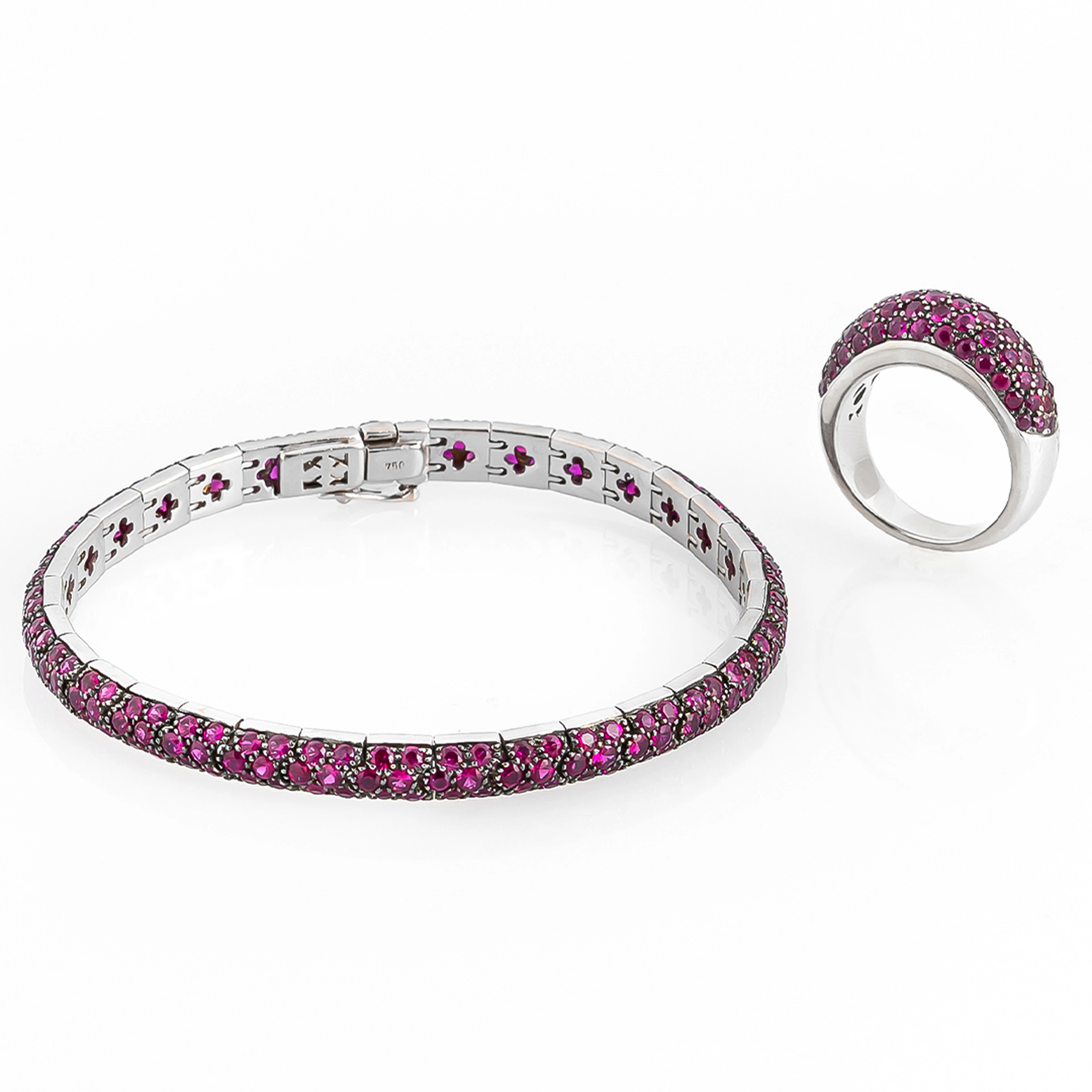 Bracciale tennis e anello con Rubini. Oro bianco 18kt, rubini pavÃ¨
