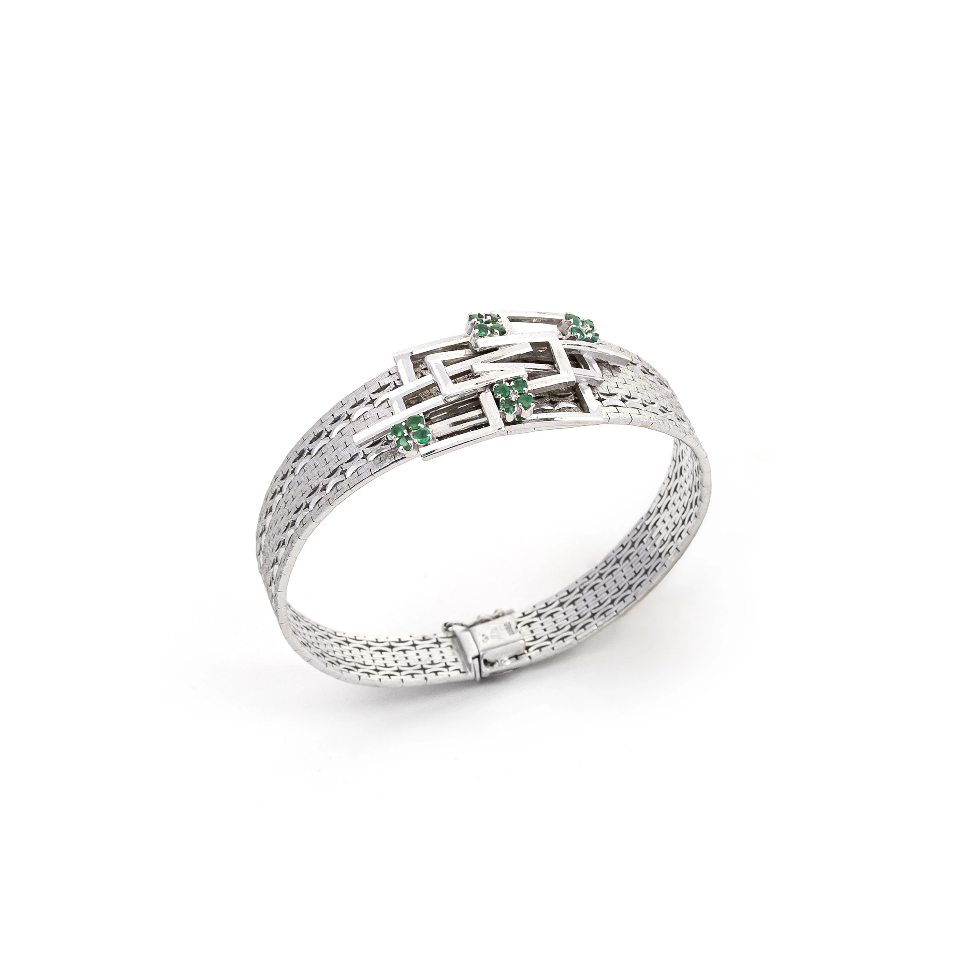 Bracciale con Smeraldi. Oro bianco 18kt, punzone dell'oro e dell'orafo.