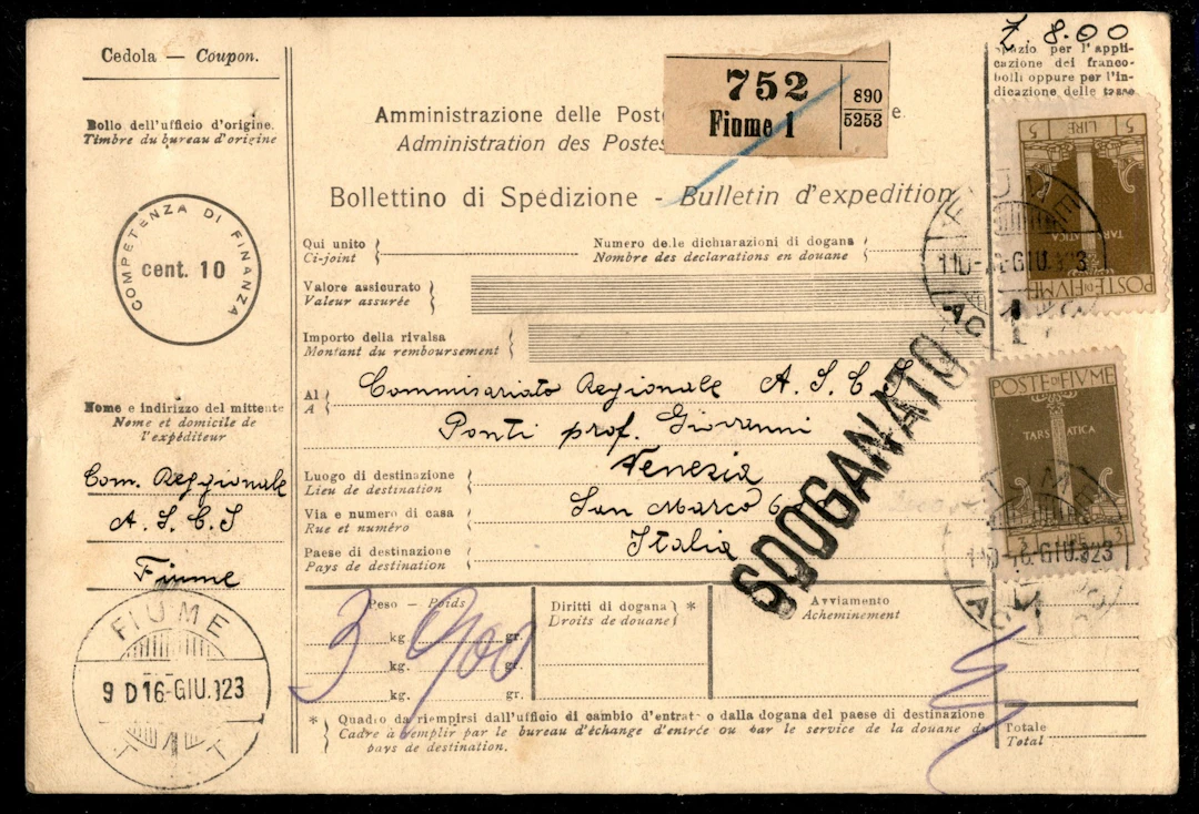 Occupazioni I guerra mondiale - Fiume Bollettino per spedizione pacchi