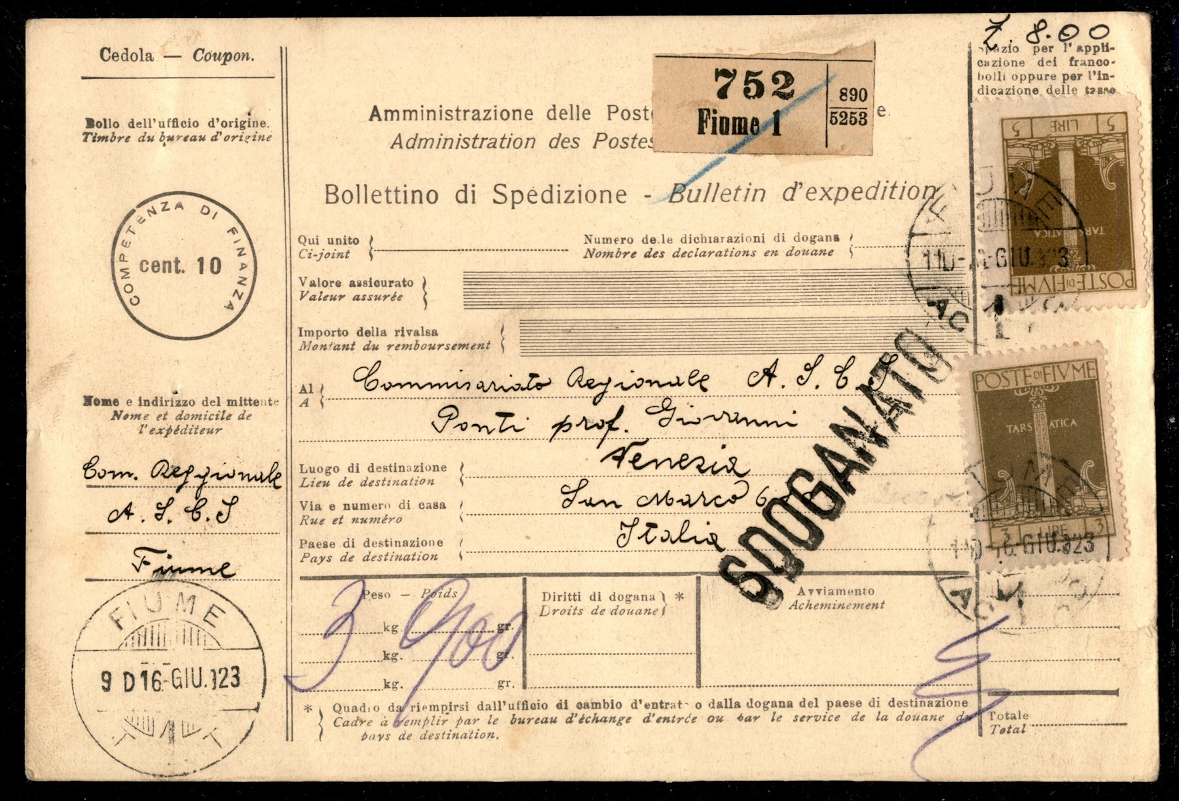 Occupazioni I guerra mondiale - Fiume Bollettino per spedizione pacchi