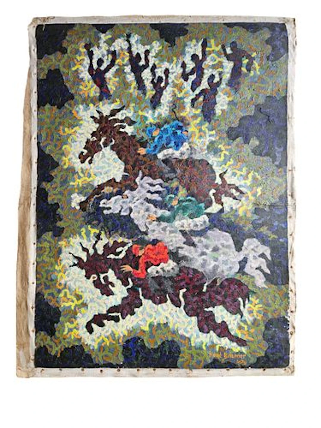 Rene Laumonier, Abstract Floral Composition, Oil on Fabric, 1959