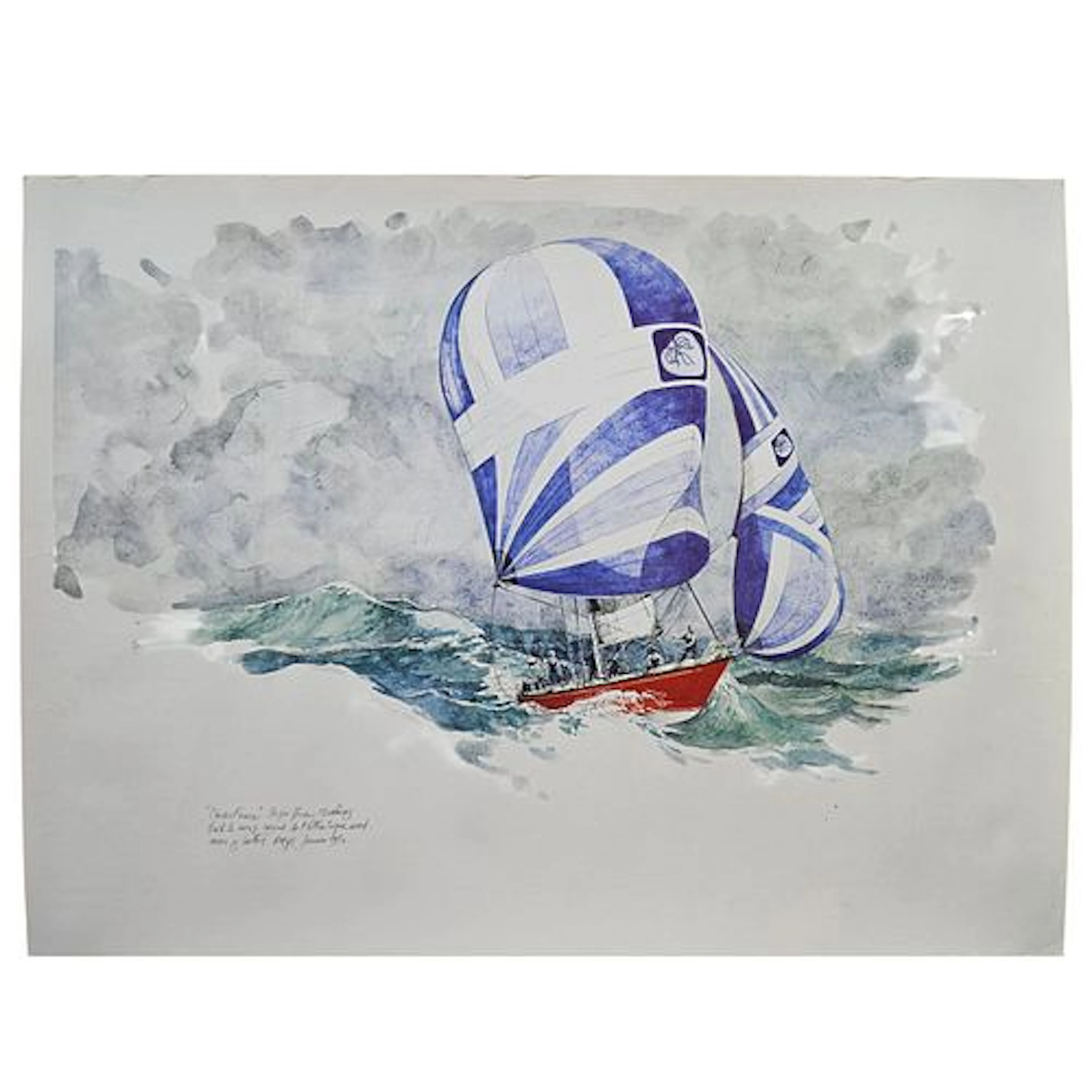 Vintage Sailing Yacht Racing at Sea, Color Lithograph on Paper
